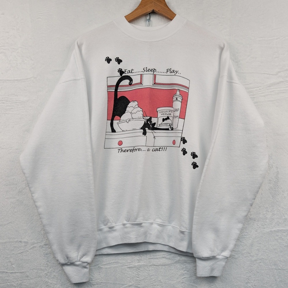 VTG Humor Sweatshirt Men's XL White Cat Graphic Animal Cute Boxy Cartoon 90s
